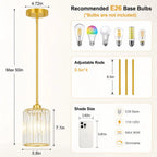 Gold ceiling pendant light fixture with a clear ribbed glass shade, shown with dimension labels and bulb information on a light beige background. Text indicates recommended E26 base bulbs are not included and lists adjustable rods and shade size details.