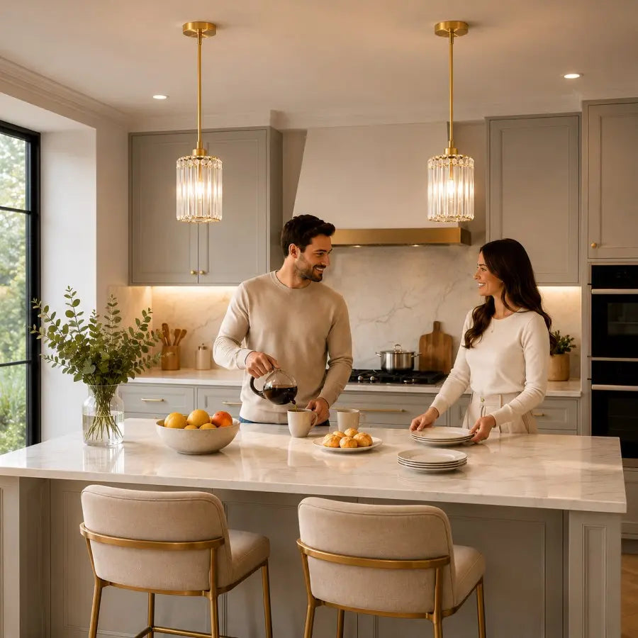 A man and a woman standing in a bright, modern kitchen with gray cabinets, marble countertops, and two hanging glass pendant lights. The man pours coffee from a black pot into a mug while the woman plates food on the island.