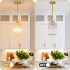 A split-screen comparison showing a gold pendant light with a clear glass cylinder shade in a kitchen setting, labeled ON and OFF to demonstrate the illuminated and unlit states.