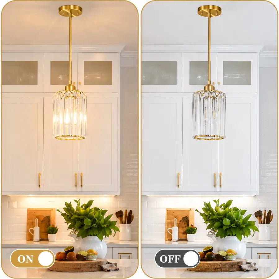 A split-screen comparison showing a gold pendant light with a clear glass cylinder shade in a kitchen setting, labeled ON and OFF to demonstrate the illuminated and unlit states.