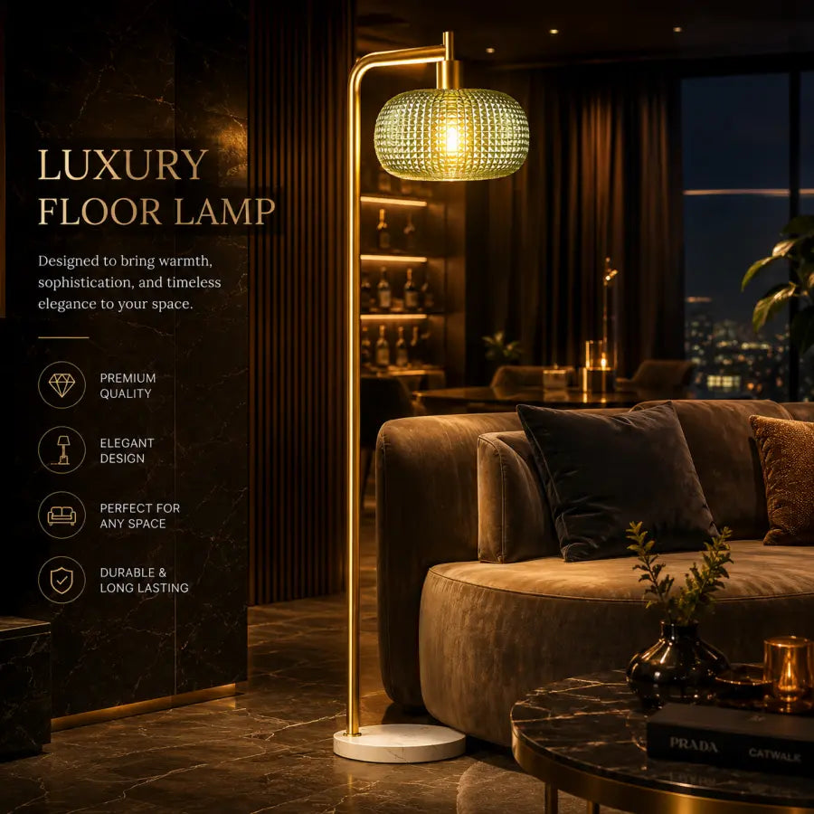 A two-light floor lamp with warm glowing shades and a dark metal frame is shown in a furnished room. The image includes dimension callouts for height and shade diameter, a specifications panel on the right, and feature icons/badges along the bottom.