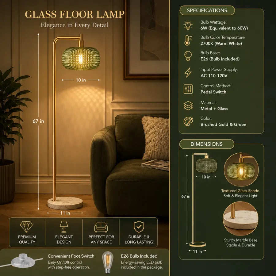 A promotional infographic for a glass floor lamp, showing the lamp lit in a living room setting alongside detailed specifications, dimensions, and feature callouts. The lamp has a textured green and gold shade, a white base, and a round white switch.