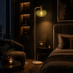 A rustic two-light floor lamp with a branch-like wooden pole and warm beige drum shades, shown in a styled bedroom scene. The image includes dimension callouts and circular inset close-ups of the lamp's height and base, with text reading 'DIMENSIONS' and 'PERFECT SIZE FOR ANY SPACE.