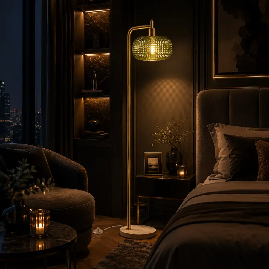 A rustic two-light floor lamp with a branch-like wooden pole and warm beige drum shades, shown in a styled bedroom scene. The image includes dimension callouts and circular inset close-ups of the lamp's height and base, with text reading 'DIMENSIONS' and 'PERFECT SIZE FOR ANY SPACE.