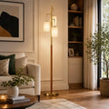 Modern wood floor lamp with three white fabric shades, dimmable gold standing lamp for living room, bedroom and home office