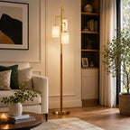 Modern wood floor lamp with three white fabric shades, dimmable gold standing lamp for living room, bedroom and home office