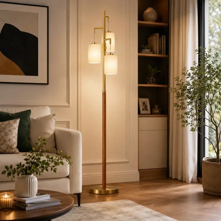 Modern wood floor lamp with three white fabric shades, dimmable gold standing lamp for living room, bedroom and home office