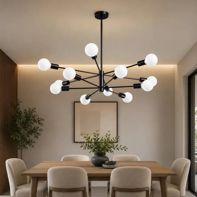 Modern 12-light black Sputnik chandelier with globe glass bulbs, luxury hanging ceiling light fixture for dining room, living room, kitchen island, foyer, and entryway.