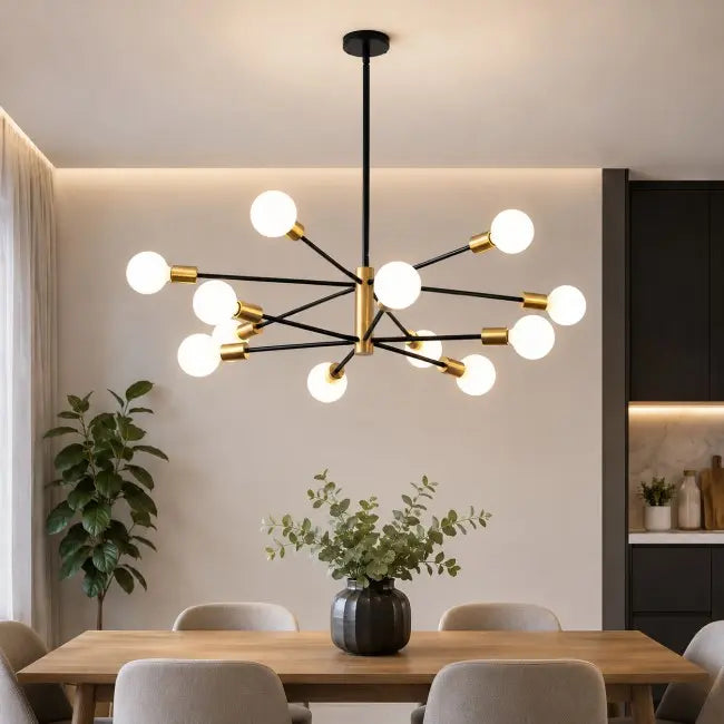 Modern 12-light black and gold Sputnik chandelier with globe glass bulbs, luxury hanging ceiling light fixture for dining room, living room, kitchen island, foyer, and entryway.