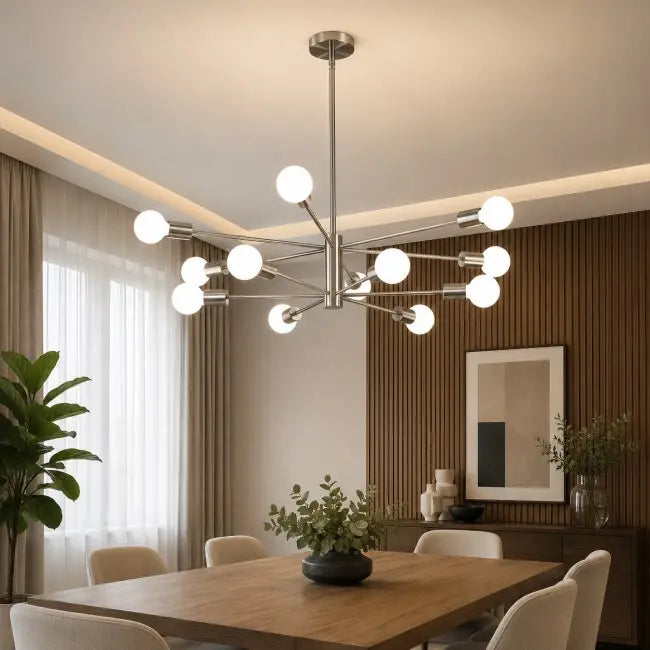 Modern 12-light brushed nickel Sputnik chandelier with globe glass bulbs, luxury hanging ceiling light fixture for dining room, living room, kitchen island, foyer, and entryway.