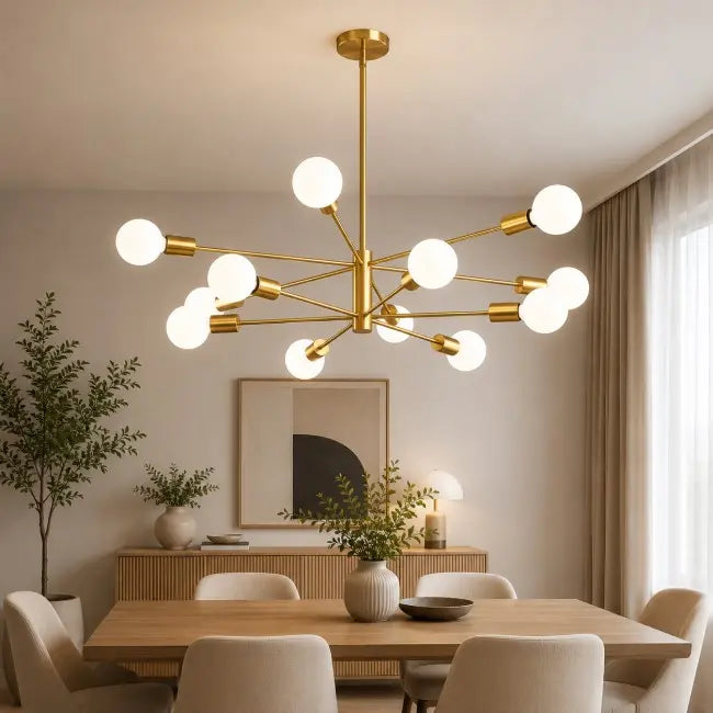 Modern 12-light gold Sputnik chandelier with globe glass bulbs, luxury hanging ceiling light fixture for dining room, living room, kitchen island, foyer, and entryway.