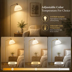 Adjustable color temperature floor lamp shown in a cozy bedroom setting, with text explaining the feature and three inset panels showing warm, natural, and cool white light modes.