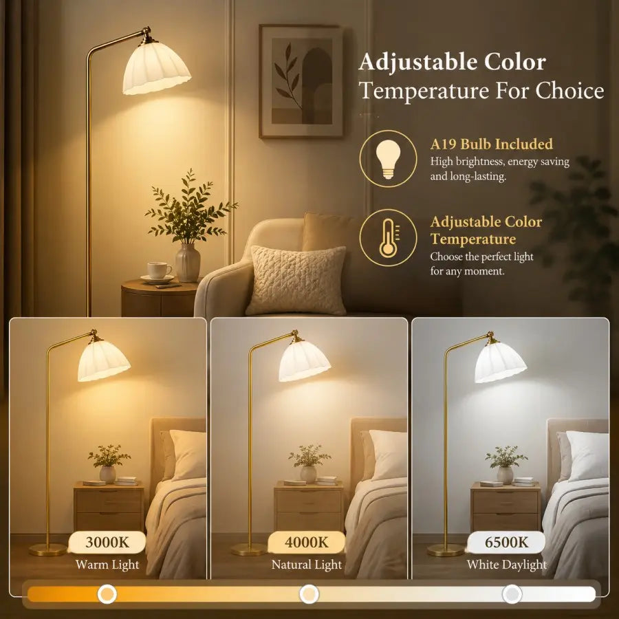Adjustable color temperature floor lamp shown in a cozy bedroom setting, with text explaining the feature and three inset panels showing warm, natural, and cool white light modes.