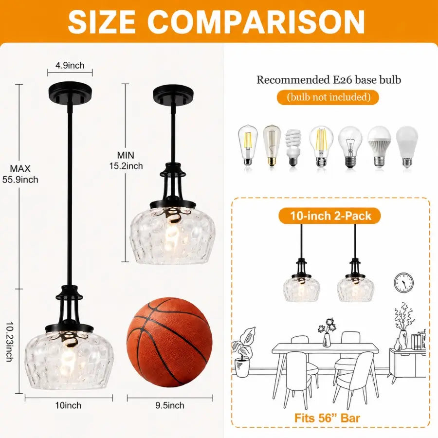 Size comparison chart for a 10-inch pendant light fixture, showing dimensions of the black metal rod and clear textured glass shade, including a basketball for scale, recommended bulb types, and a dining room fit illustration.