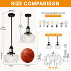Size comparison chart for a 10-inch pendant light fixture, showing dimensions of the black metal rod and clear textured glass shade, including a basketball for scale, recommended bulb types, and a dining room fit illustration.