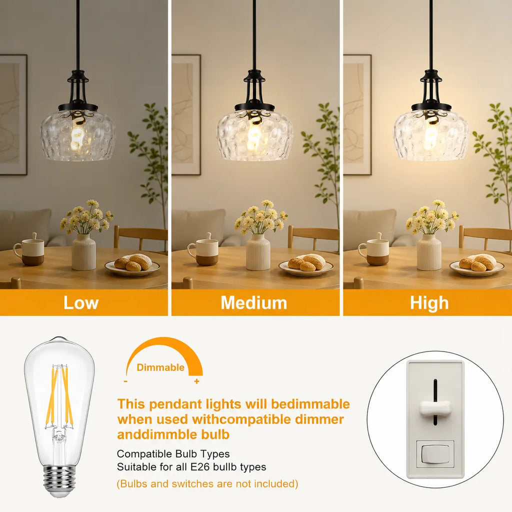 Three-panel comparison graphic showing a pendant light in three brightness settings labeled Low, Medium, and High, with a text callout about dimmability and an inset photo of a wall switch.