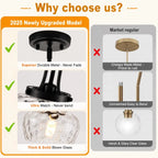 Promotional comparison graphic for a 2025 newly upgraded pendant light. The left panel shows three feature callouts with checkmarks: a black durable metal canopy, ultra-matching curved arms, and thick clear blown glass.