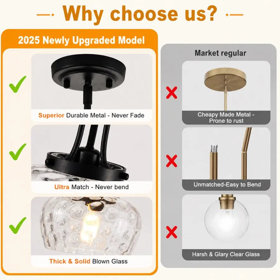 Promotional comparison graphic for a 2025 newly upgraded pendant light. The left panel shows three feature callouts with checkmarks: a black durable metal canopy, ultra-matching curved arms, and thick clear blown glass.