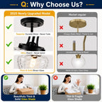 An infographic comparison graphic titled 'Q: Why Choose Us?' comparing a '2025 Newly Upgraded Model' pendant light fixture to a 'Market regular' option. The top section shows a black pendant light fixture with a thick blown glass shade, marked with green checkmarks for durability, flexibility, and glass quality.