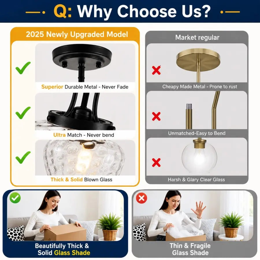 An infographic comparison graphic titled 'Q: Why Choose Us?' comparing a '2025 Newly Upgraded Model' pendant light fixture to a 'Market regular' option. The top section shows a black pendant light fixture with a thick blown glass shade, marked with green checkmarks for durability, flexibility, and glass quality.