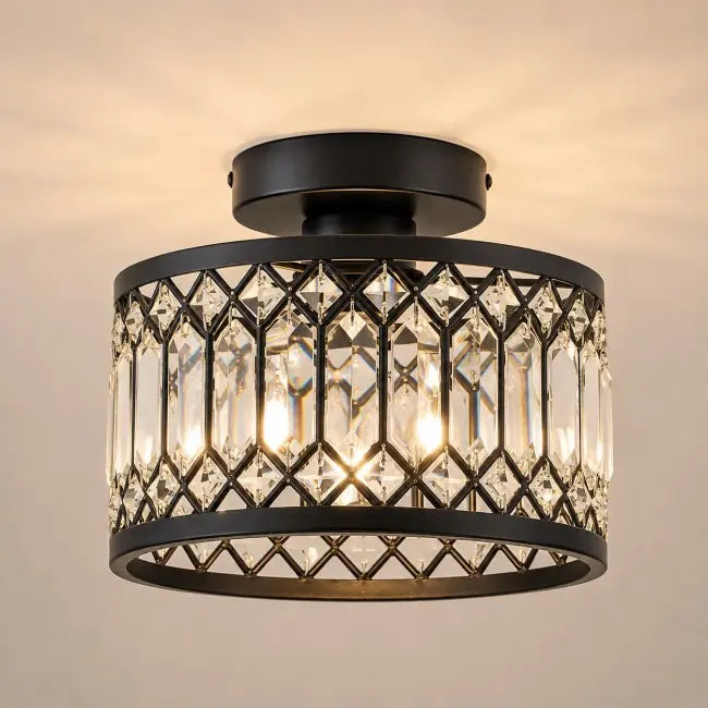 Modern black and gold crystal semi flush mount ceiling light with elegant crystal shade, luxury ceiling fixture for bedroom, hallway, kitchen, entryway, and living room.