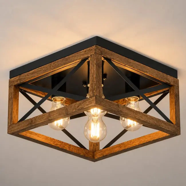 Modern black matel and wood crystal semi flush mount ceiling light with elegant crystal shade, luxury ceiling fixture for bedroom, hallway, kitchen, entryway, and living room.