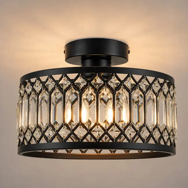 Modern black and gold crystal semi flush mount ceiling light with elegant crystal shade, luxury ceiling fixture for bedroom, hallway, kitchen, entryway, and living room.