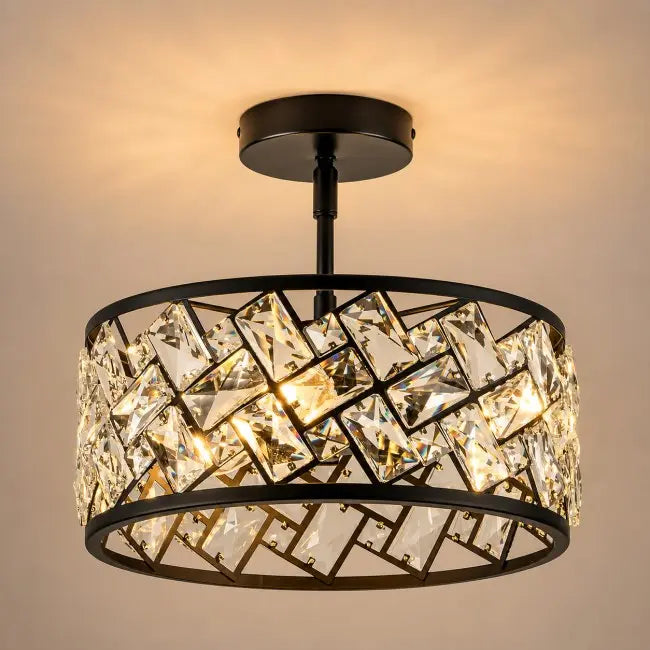 Modern black and gold crystal semi flush mount ceiling light with elegant crystal shade, luxury ceiling fixture for bedroom, hallway, kitchen, entryway, and living room.