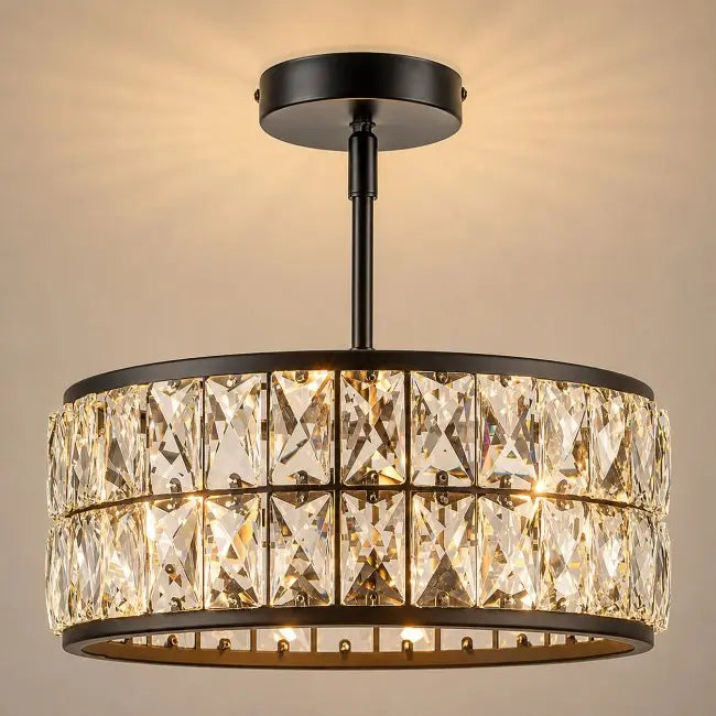 Modern black and gold crystal semi flush mount ceiling light with elegant crystal shade, luxury ceiling fixture for bedroom, hallway, kitchen, entryway, and living room.