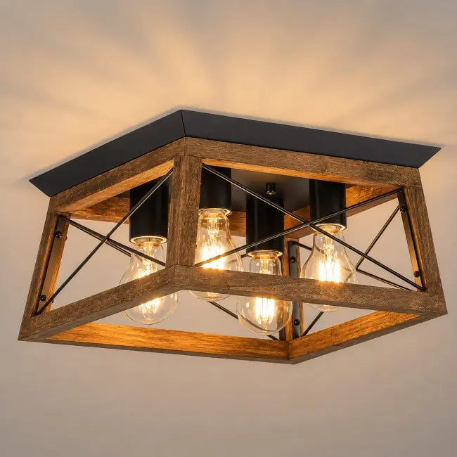 Modern black matle and wood crystal semi flush mount ceiling light with elegant crystal shade, luxury ceiling fixture for bedroom, hallway, kitchen, entryway, and living room.