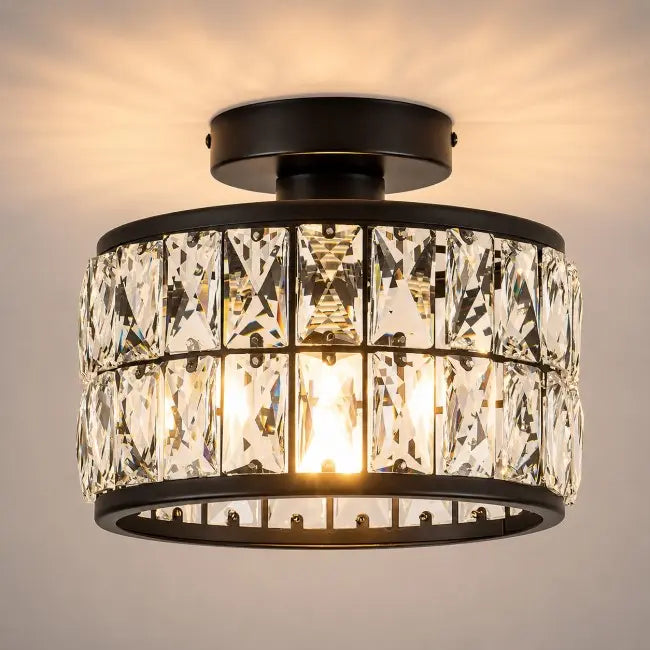 Modern black and gold crystal semi flush mount ceiling light with elegant crystal shade, luxury ceiling fixture for bedroom, hallway, kitchen, entryway, and living room.