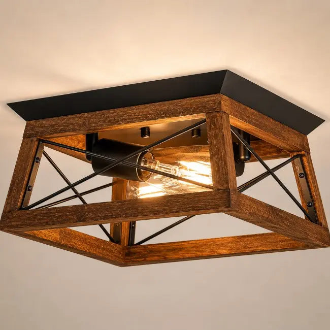 Modern black matel and wood crystal semi flush mount ceiling light with elegant crystal shade, luxury ceiling fixture for bedroom, hallway, kitchen, entryway, and living room.