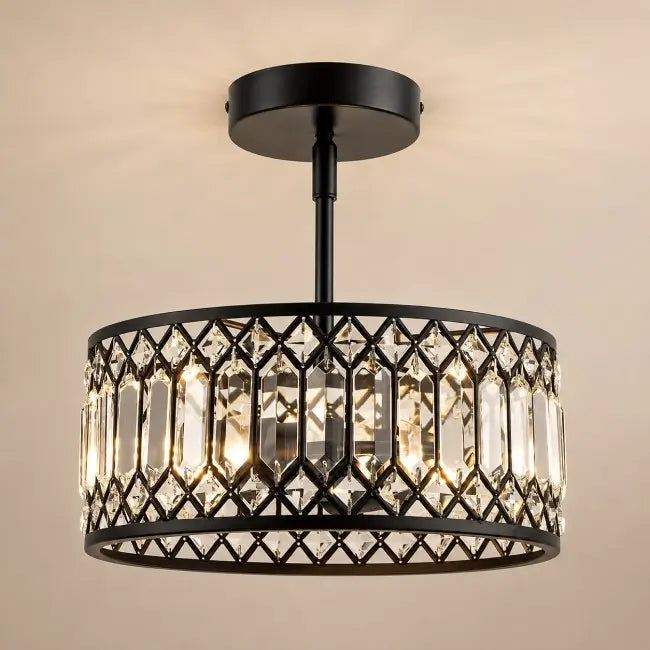 Modern black and gold crystal semi flush mount ceiling light with elegant crystal shade, luxury ceiling fixture for bedroom, hallway, kitchen, entryway, and living room.