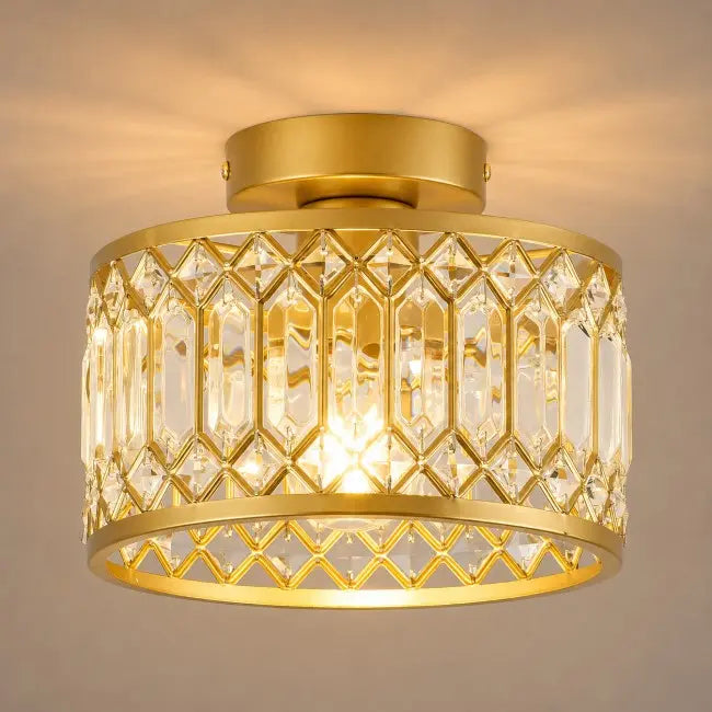 Modern gold crystal semi flush mount ceiling light with elegant crystal shade, luxury ceiling fixture for bedroom, hallway, kitchen, entryway, and living room.