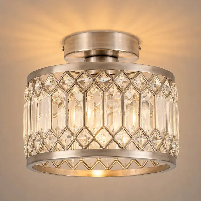 Modern brass crystal semi flush mount ceiling light with elegant crystal shade, luxury ceiling fixture for bedroom, hallway, kitchen, entryway, and living room.