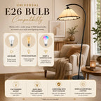 Modern arc floor lamp with pleated linen fabric shade, black standing lamp for living room, bedroom, reading corner and home office