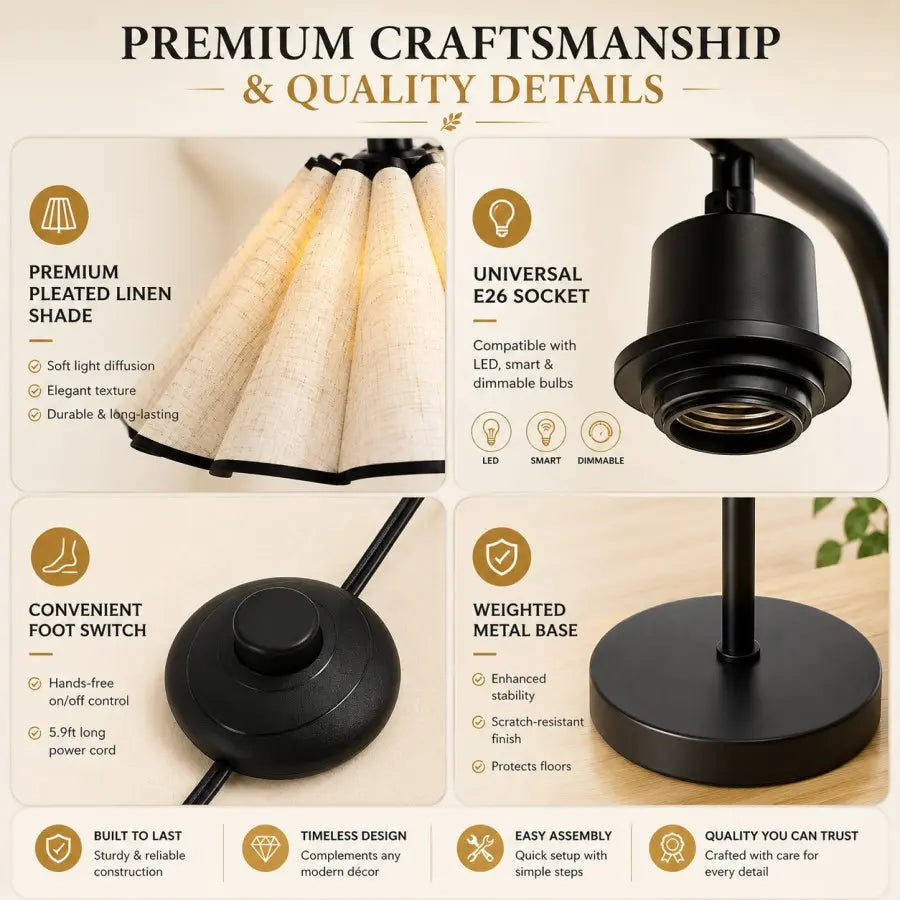 Modern arc floor lamp with pleated linen fabric shade, black standing lamp for living room, bedroom, reading corner and home office