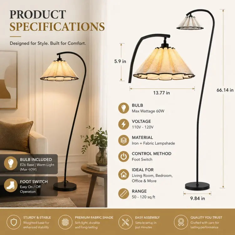 Modern arc floor lamp with pleated linen fabric shade, black standing lamp for living room, bedroom, reading corner and home office