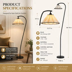 Modern arc floor lamp with pleated linen fabric shade, black standing lamp for living room, bedroom, reading corner and home office