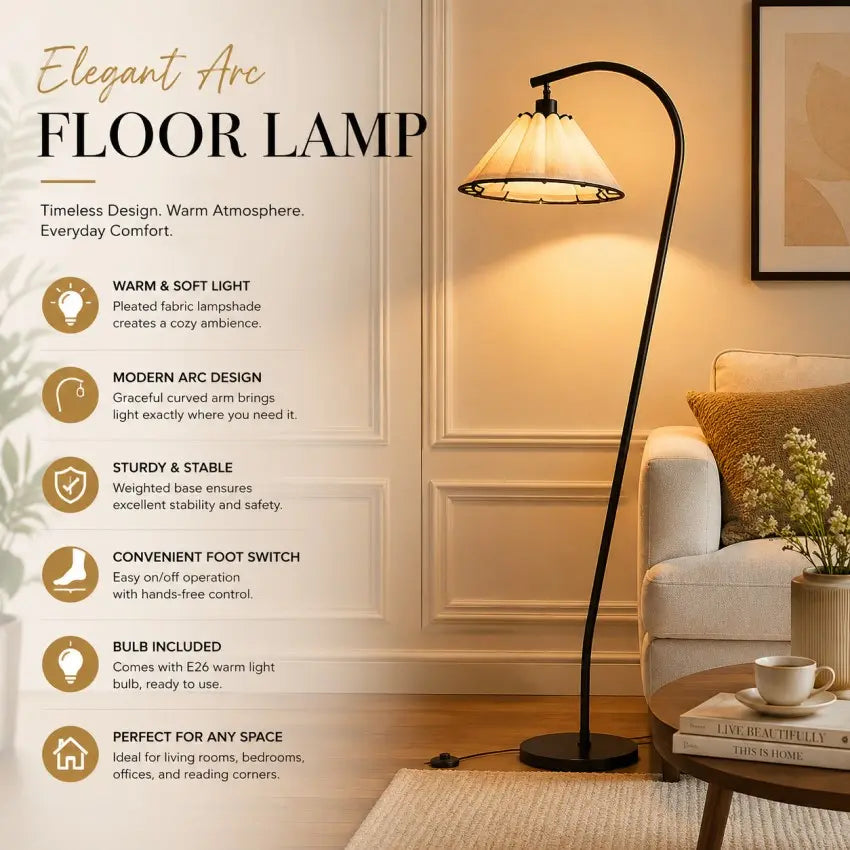 Modern arc floor lamp with pleated linen fabric shade, black standing lamp for living room, bedroom, reading corner and home office