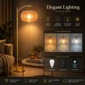 A tall floor lamp with a warm glowing woven shade and gold-toned metal stand in a styled living room setting. The image includes marketing text and feature callouts: remote control, dimmable brightness, 12W LED bulb included, 3 color modes, and what's included with the lamp.