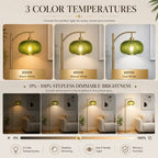 A promotional infographic for a floor lamp showing three color temperature modes (3000K Warm White, 4000K Natural White, 6000K Cool White) and a dimmable brightness feature from 0% to 100%. The top half shows the lamp in three different light colors (green, yellow, blue) in a living room setting, while the bottom half shows the lamp glowing in warm white at 100% brightness.