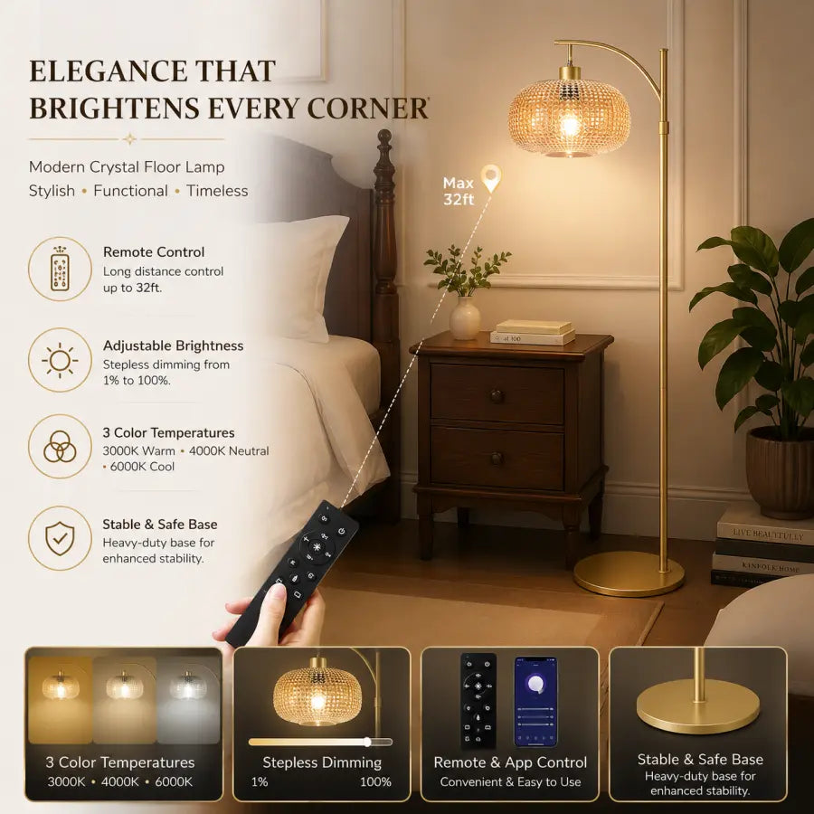 A modern crystal floor lamp with a gold-tone stand and a woven crystal globe shade, shown lit in a bedroom setting. The image includes marketing text, feature callouts, a remote control being held by a hand, and four small feature panels along the bottom.