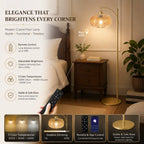 A modern crystal floor lamp with a gold-tone stand and a woven crystal globe shade, shown lit in a bedroom setting. The image includes marketing text, feature callouts, a remote control being held by a hand, and four small feature panels along the bottom.