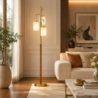 Modern wood floor lamp with three white fabric shades, dimmable gold standing lamp for living room, bedroom and home office