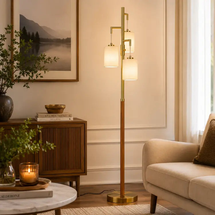Modern wood floor lamp with three white fabric shades, dimmable gold standing lamp for living room, bedroom and home office