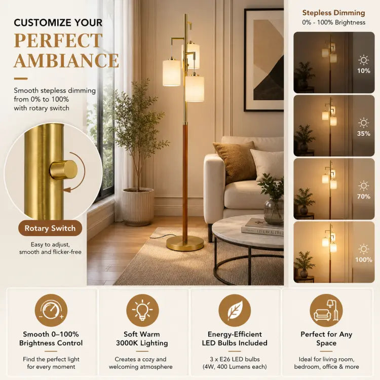 Modern wood floor lamp with three white fabric shades, dimmable gold standing lamp for living room, bedroom and home office