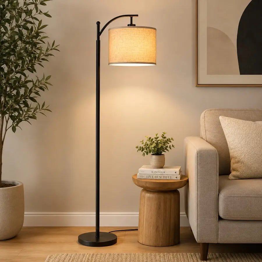 Modern black LED floor lamp with linen fabric shade in a stylish living room – contemporary standing reading lamp for home decor