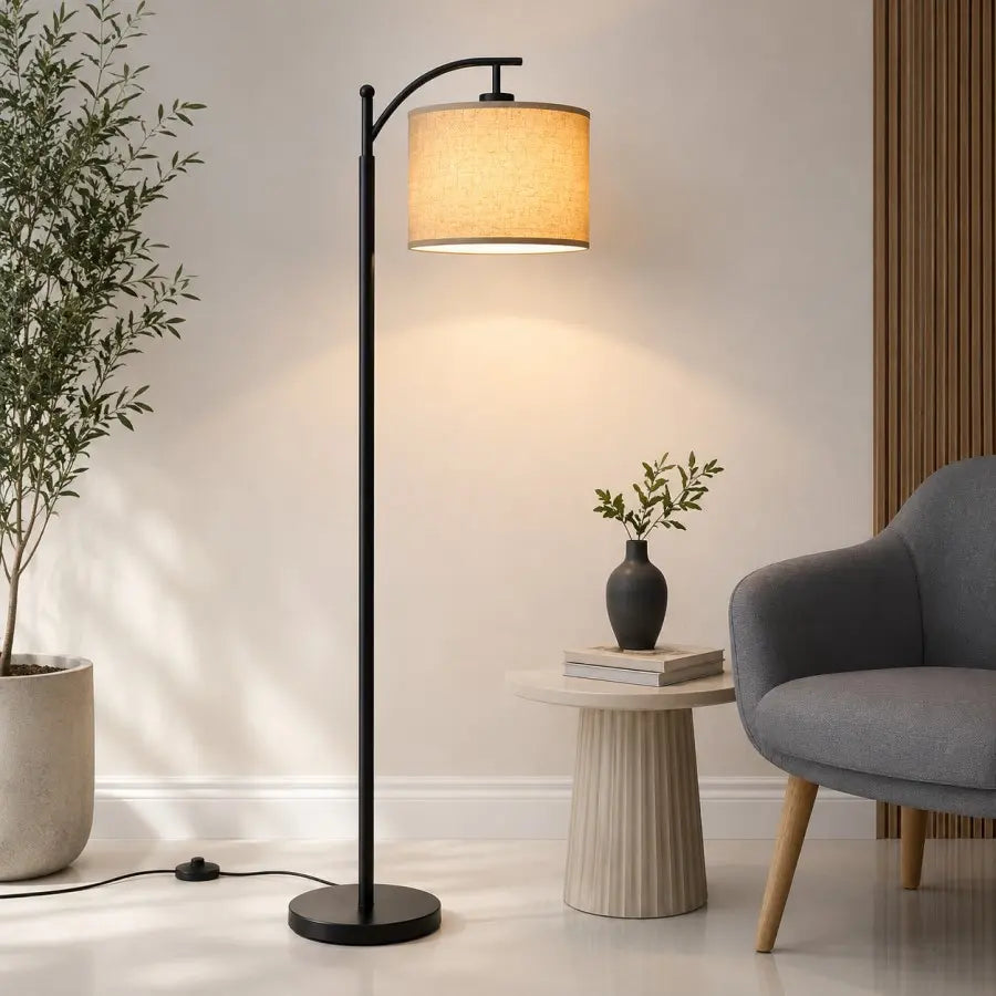 Modern black LED floor lamp with linen fabric shade in a stylish living room – contemporary standing reading lamp for home decor