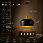 Plug-In Pendant Light  Modern Hanging Light with 16.4ft Cord & OnOff Switch, Black & Wood Grain Finish